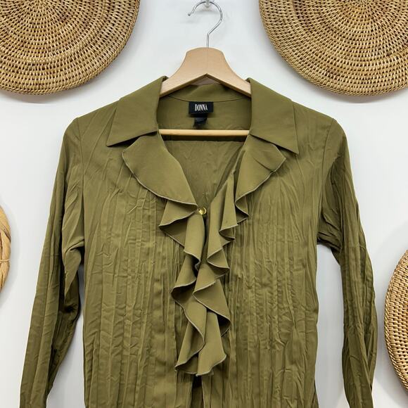 Vintage Y2K 2000s Donna Green Ruffle Button Long Sleeve Blouse Top 6 - Picture 4 of 11
